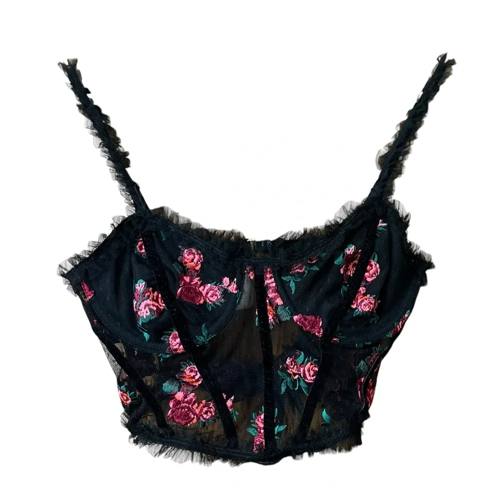 For love and‎ Lemon Rosebud Black Lace Embroidered Cropped Bustier Size XS